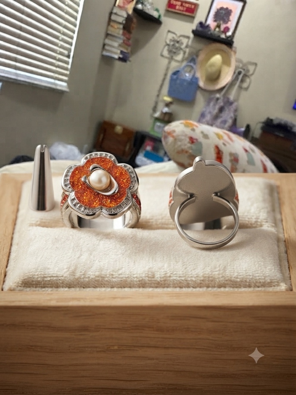NWOT Coach Silver Flower Ring with Orange Inlay and Pearl
